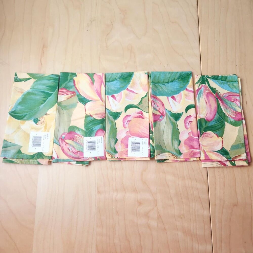 Tobin Set of Ten (10) Magnolia Cloth Napkins 100% Cotton 16" x 16" Yellow Pink - Picture 8 of 8